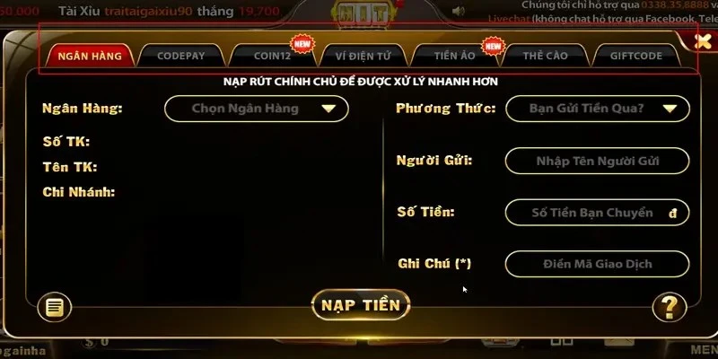 Phương thức nạp tiền Hitclub bằng tài khoản ngân hàng online